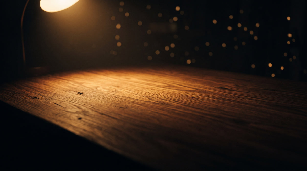 An empty wooden desk at night lit by a single warm lamp